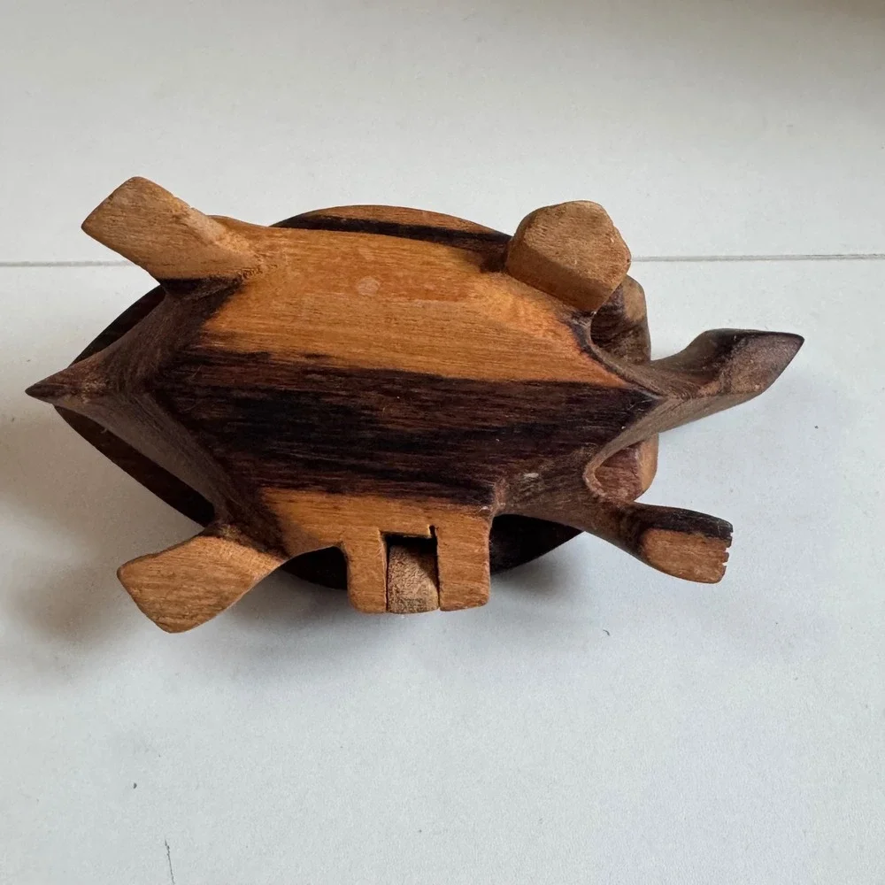 Hand Carved Wooden Turtle Trinket Box Hinged Shell Figurine Storage Brown Wood